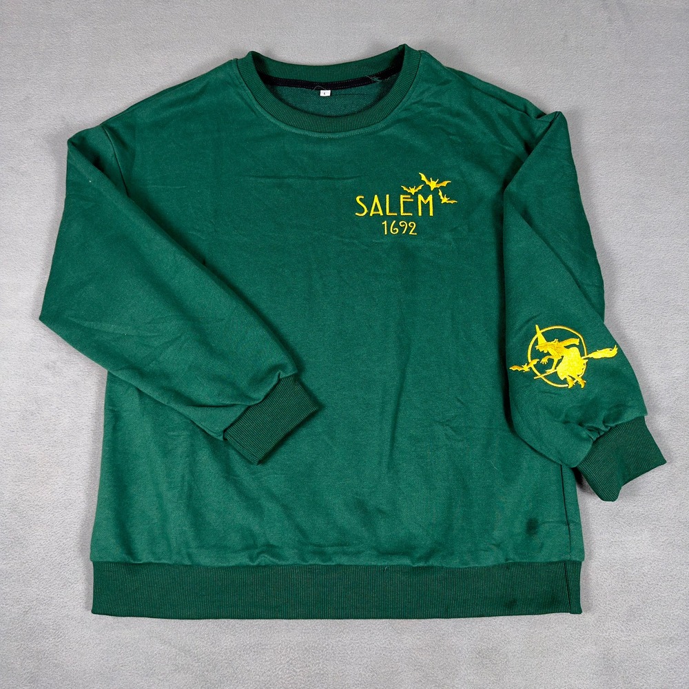 Salem 1692‎ Witch Bats Graphic Crewneck Sweatshirt Green Yellow Large